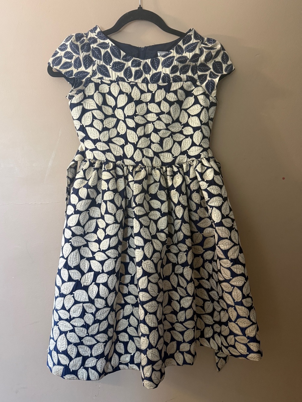 Rare Editions Girls Size 10 Fit & Flare Navy/Ivory Leaf Knee Dress Cap Sleeve
